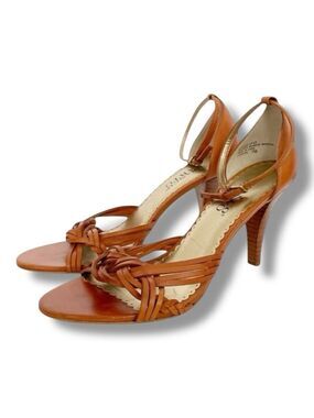 Franco Sarto Braided Leather Stiletto Heels Tan Cognac 7M Open Toe